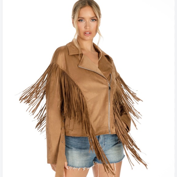 Galita Jackets & Blazers - Western Tan fringe cropped moto zip jacket faux suede with belt women’s MEDIUM